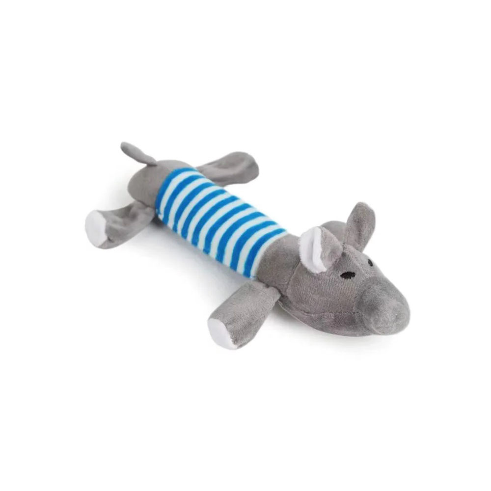 Pluszowy słoń zabawka dla małego psa, pluszak dla mini psa, podłużna maskotka dla pieska, w niebieskie paski, szara