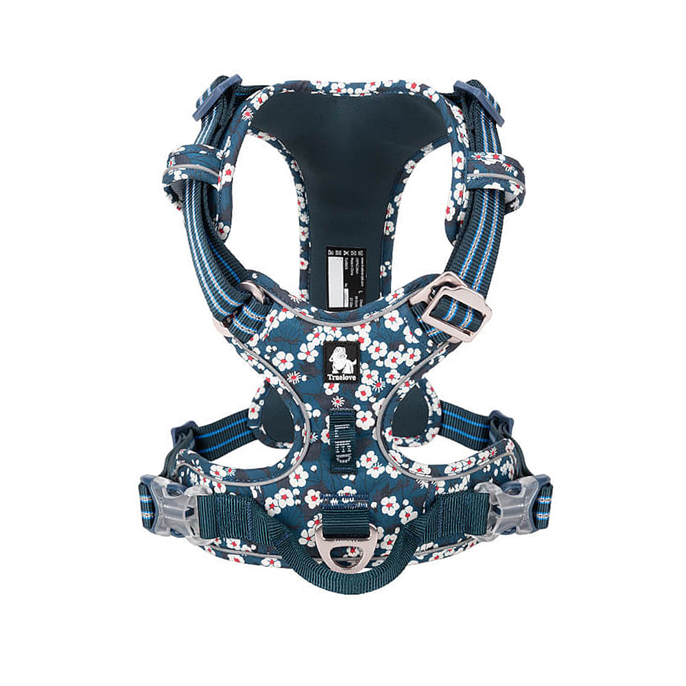 Szelki dla psa Truelove Blossom granatowo-białe w kwiaty, neoprenowa podszewka, szelki klasy premium dla psa, na lato