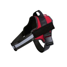 Wytrzymałe szelki dla psa z uchwytem czerwone, odblaskowe pasy, przeszycia, solidne stalowe zapięcie do smyczy, naszywki na rzep, porządne i tanie szelki dla psa