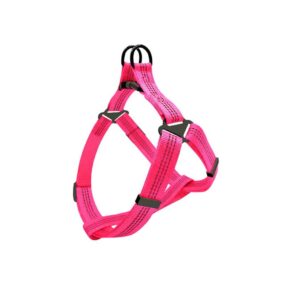 Odblaskowe szelki typu step in, różowy, intensywny róż, z metalowymi klamrami podtrzymującymi, odblaski, rozmiar M, L, XL, solidne, neonowy róż