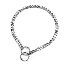 Stalowa obroża ringowa, spawane ogniwa, dławik ze spawanymi ogniwami, płaskie ogniwka, metalowa obroża zaciskowa na wystawy, płaskie oczka, behawioralna, srebrny