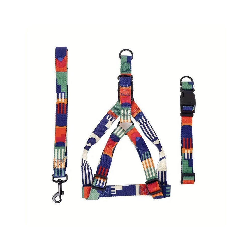 Zestaw spacerowy dla psa szelki, smycz, obroża, wielokolorowy, geometryczne wzory