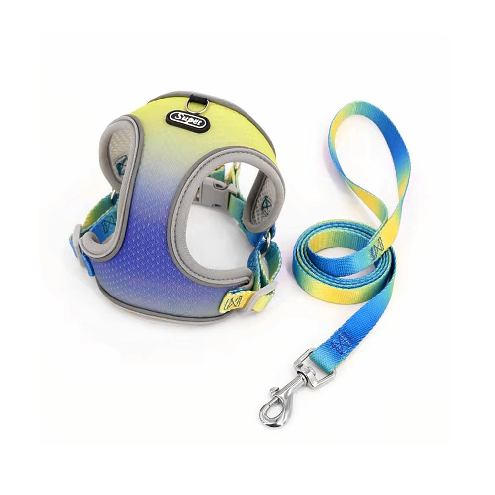 Szelki bezuciskowe ombre zielononiebieski odblaskowe, z odblaskiem + smycz, tęczowe szelki dla małego psa, zestaw szelki ze smyczą