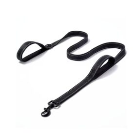 taśmowa smycz dla psa z dwoma rączkami 180 cm, miejska smycz dwie rączki z neoprenowym podszyciem, odblaskowa z obu stron, podwójna, czarna