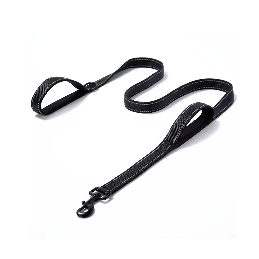 taśmowa smycz dla psa z dwoma rączkami 180 cm, miejska smycz dwie rączki z neoprenowym podszyciem, odblaskowa z obu stron, podwójna, czarna