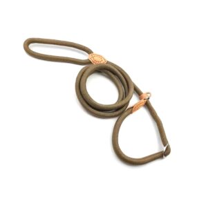 Półzaciskowa linowa smycz treningowa 180 cm, khaki, smycz szkoleniowa dla psa, ringówka ze skórzanym obszyciem, oliwkowa