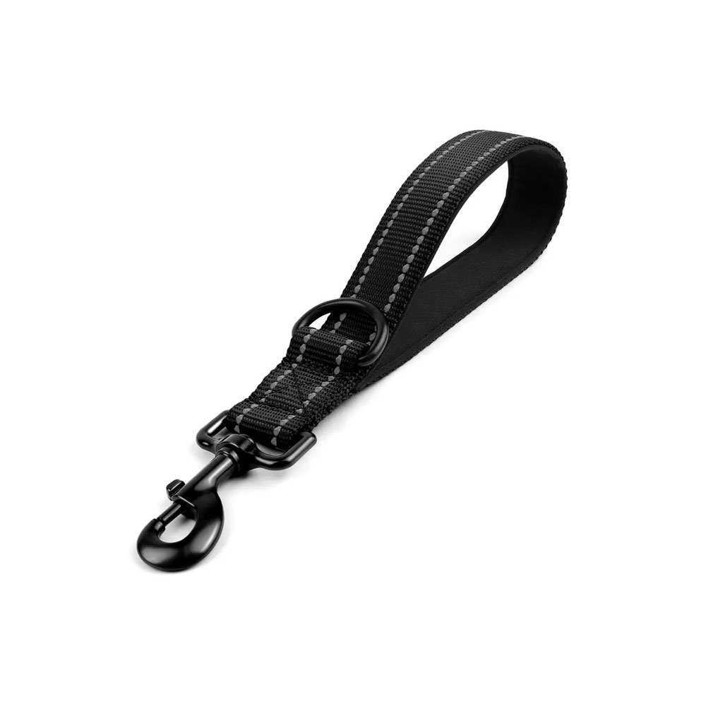 Krótka smycz dla psa z neoprenową rączką, czarny, czarna, odblaskowa o długości 30cm, rączka do smyczy podszyta neoprenem, mocowanie na dozownik do kupoworków
