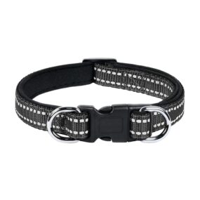 Odblaskowa obroża wyściełana neoprenem 2 kółka, czarny, dwuwarstwowa czarna obroża taśmowa podszyta neoprenem, 2 D-ringi, S, M, L