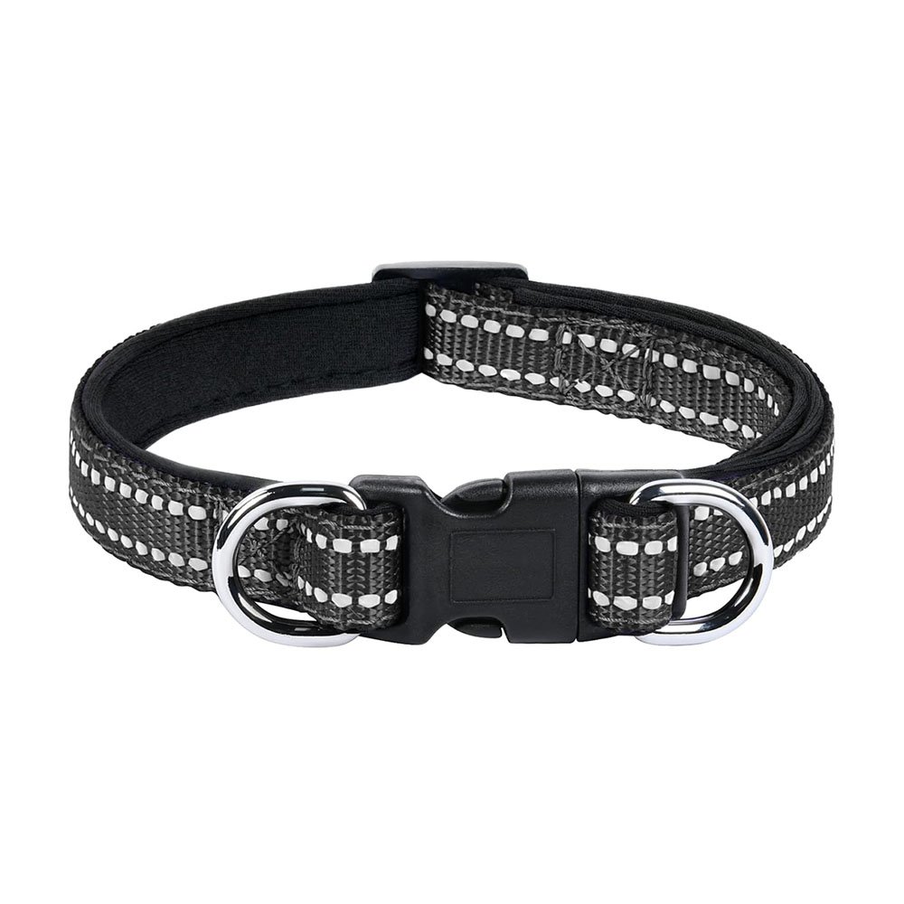 Odblaskowa obroża wyściełana neoprenem 2 kółka, czarny, dwuwarstwowa czarna obroża taśmowa podszyta neoprenem, 2 D-ringi, S, M, L