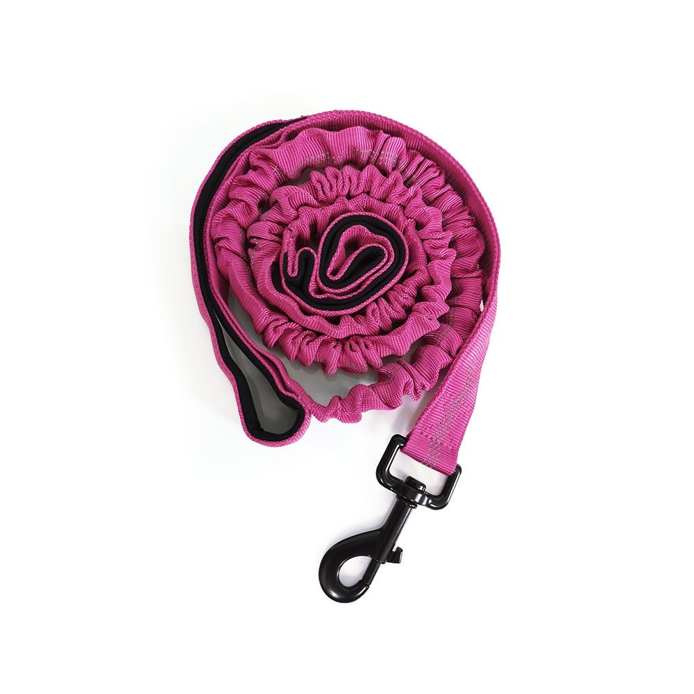 Smycz amortyzowana z dwoma uchwytami 140 cm, fuksja, różowy, czarne okucia, 2 rączki obszyte neoprenem