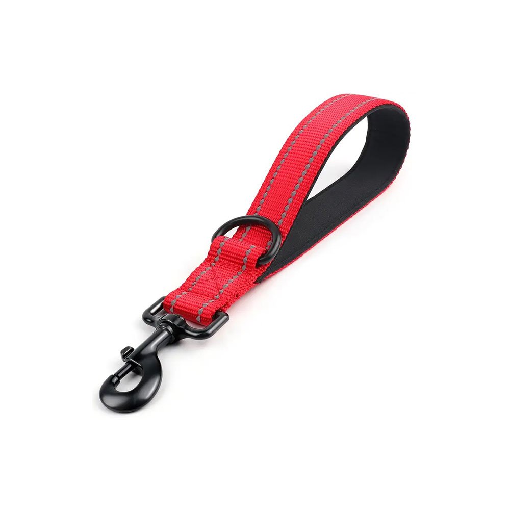 Smycz dla psa krótka z neoprenową rączką 30 cm., czerwony, czerwona, odblaskowa o długości 30cm, rączka do smyczy podszyta neoprenem, mocowanie na dozownik do kupoworków