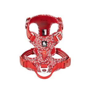 Szelki dla psa Truelove Blossom Premium czerwono-białe, wzmocnione szelki w kwiatki, szelki z zapięciem z przodu, miejsce na lampkę LED