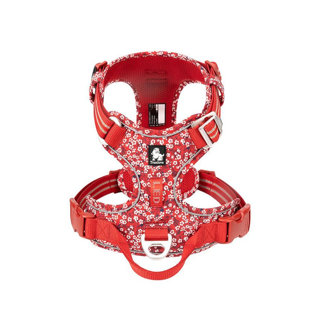 Szelki dla psa Truelove Blossom Premium czerwono-białe, wzmocnione szelki w kwiatki, szelki z zapięciem z przodu, miejsce na lampkę LED