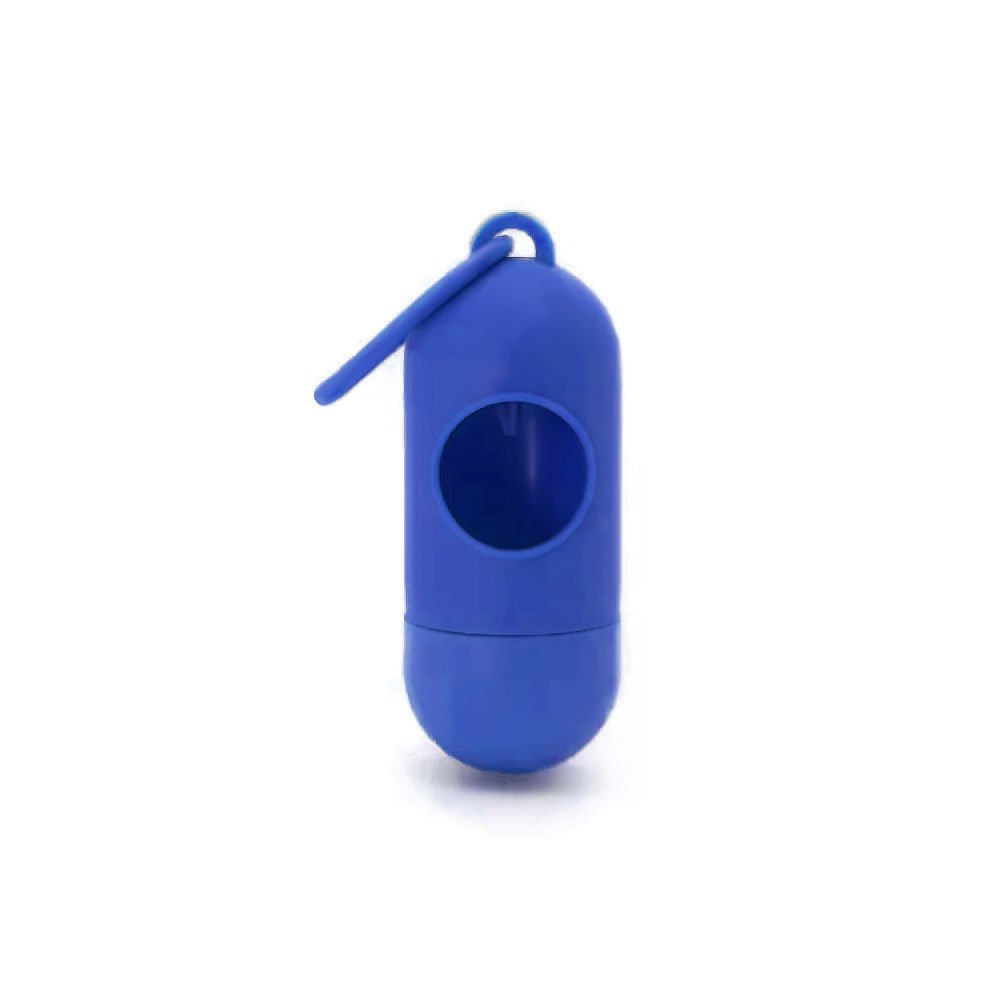 dozownik na woreczki na psie odchody, niebieski, plastikowy pojemniczek na kupoworki z rolką worków do sprzątania kup