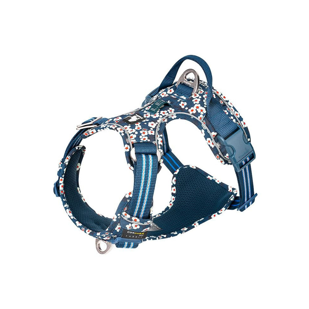 Mocne szelki dla psa Truelove Blossom Premium, granatowo-białe, kwiatowy wzór