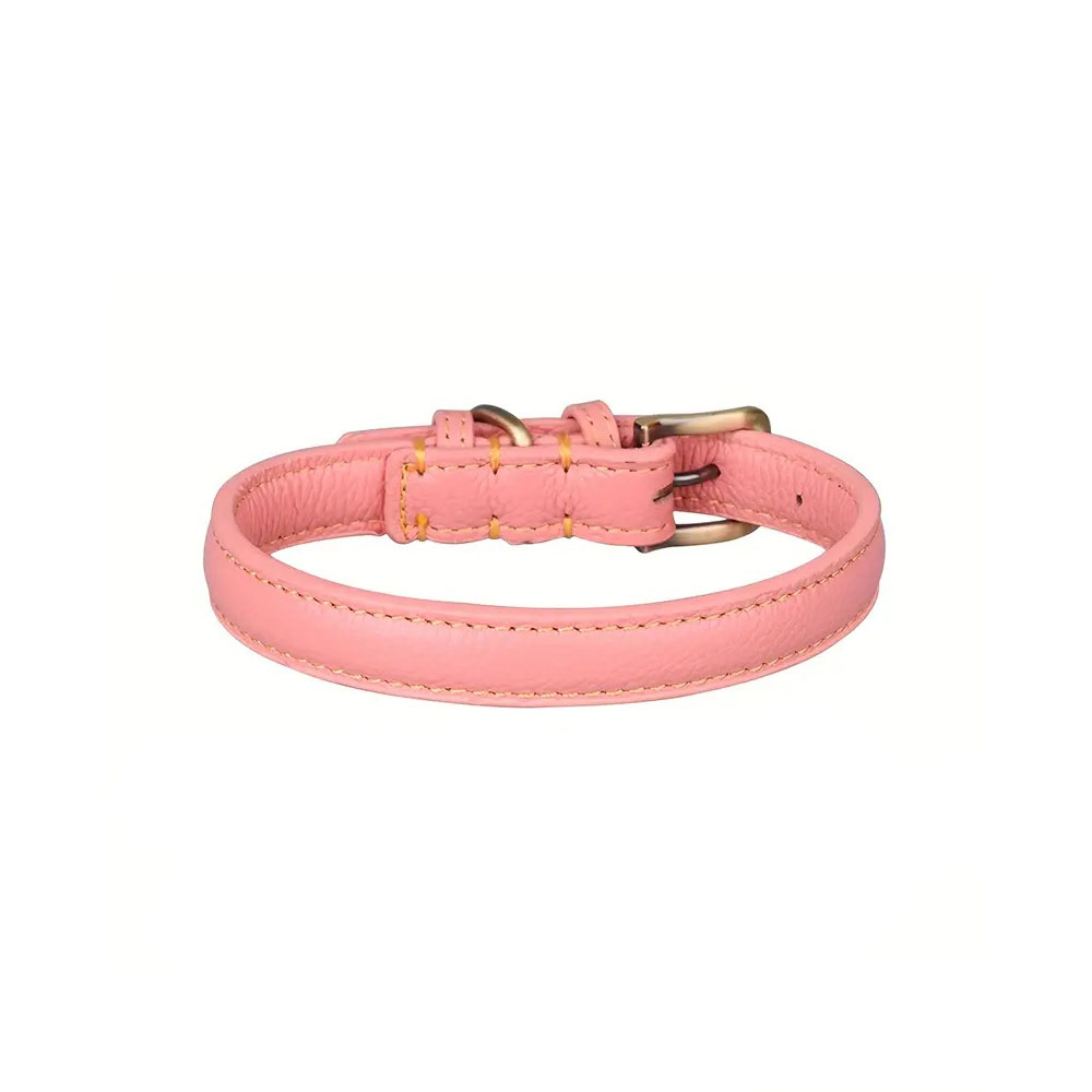 Różowa obroża dla psa ze skóry, Skórzana obroża dla psa AniCani basic, różowy, podstawowa obroża ze skóry naturalnej, zwykła, klamry z bronzu, standardowa, prosta, różowa przód