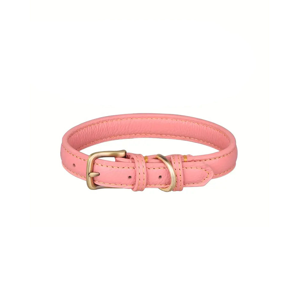 Różowa obroża dla psa ze skóry, Skórzana obroża dla psa AniCani basic, różowy, podstawowa obroża ze skóry naturalnej, zwykła, klamry z bronzu, standardowa, prosta, różowa, tył