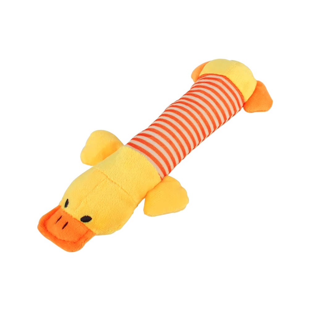 Pluszowa kaczka zabawka dla małego psa, pluszak dla mini psa, podłużna maskotka dla pieska, w paski, żółta