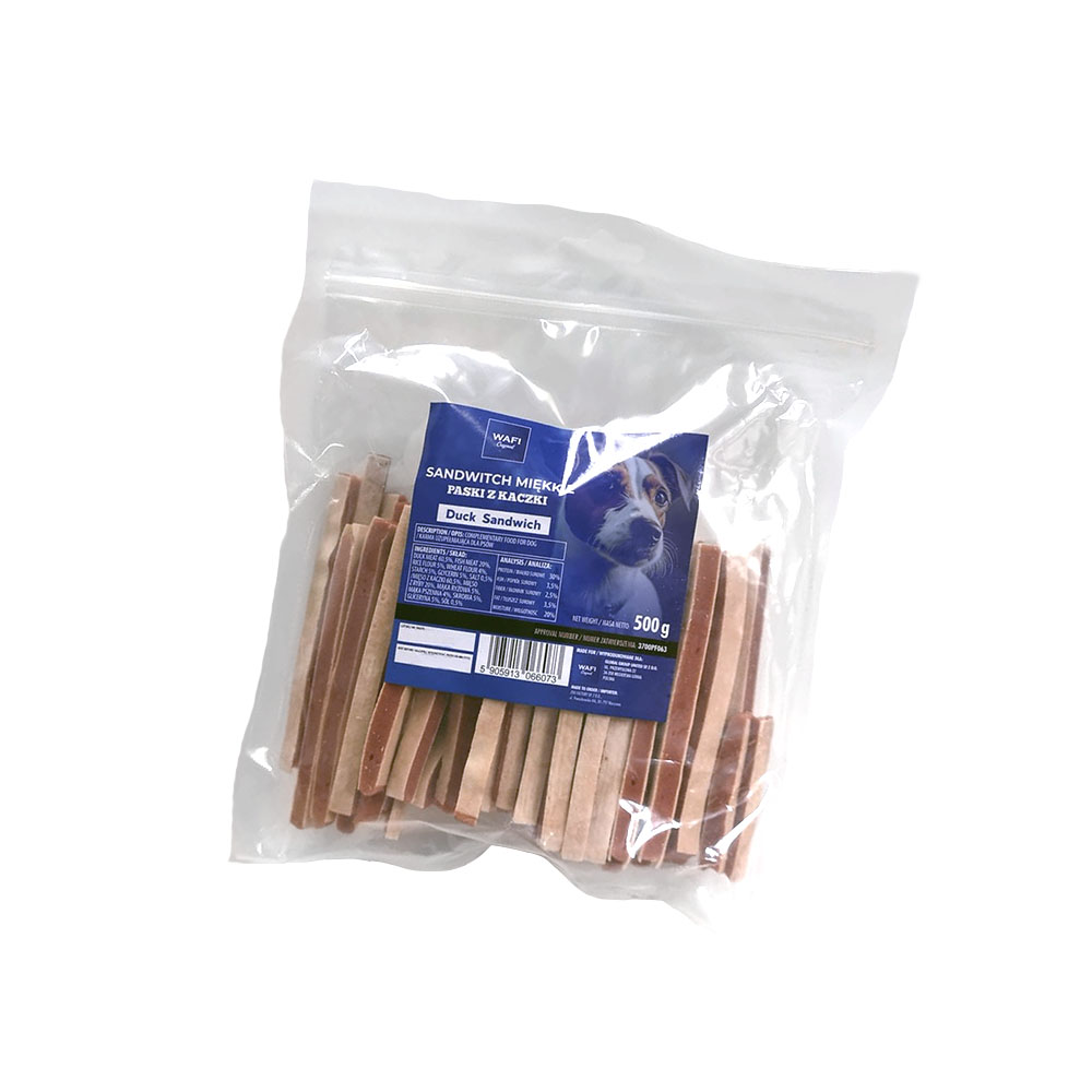 Wafi Duck Sandwich miękkie paski z kaczki dla psa 500 g, mięso z kaczki, suszone, z dodatkiem ryby, smaczki, przysmaki, nagroda podczas treningu