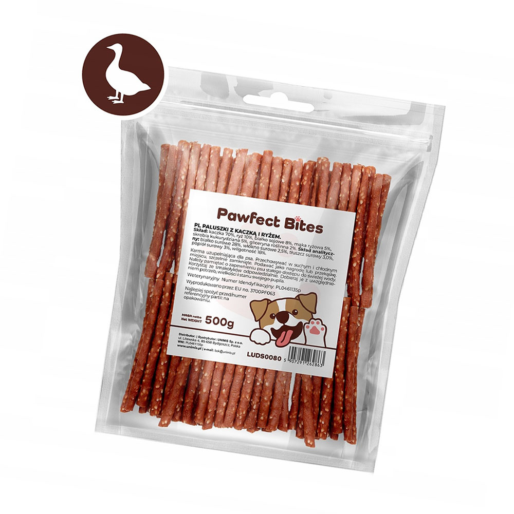 Pawfect bites kabanosy z kaczką i ryżem dla psa 500g, smak kaczki, 70% mięsa